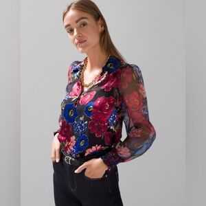 White House Black Market Organza Sleeve‎ Burnout Blouse Vibrant Blue Sz L